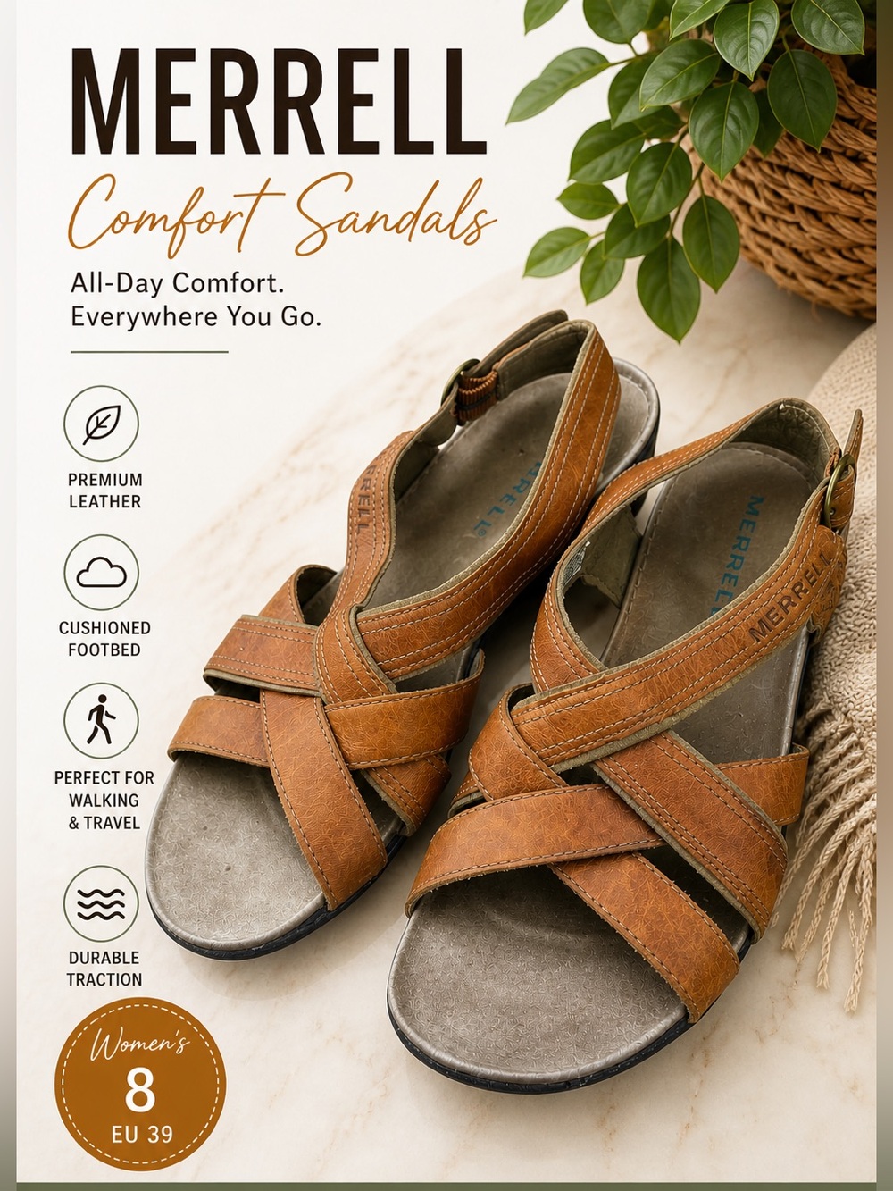 Merrell Tan Leather Comfort Sandals Womens 8 Slingback Cushioned